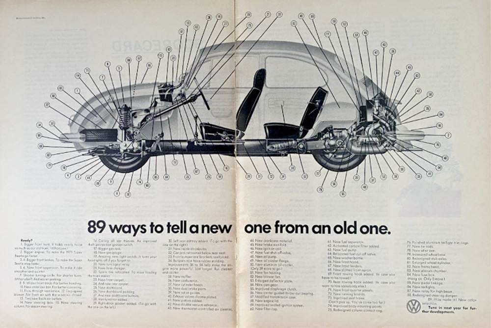 89 ways to tell a new one from an old one - Vintage VW Ad