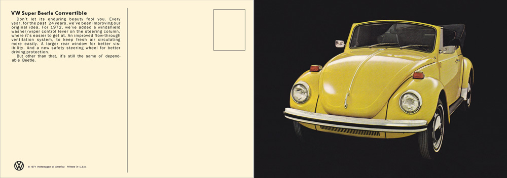 Yellow Super Beetle Convertible photographed with 1972 feature list.