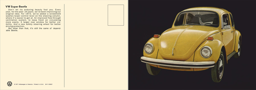 Yellow Super Beetle illustration with text describing 1972 updates.
