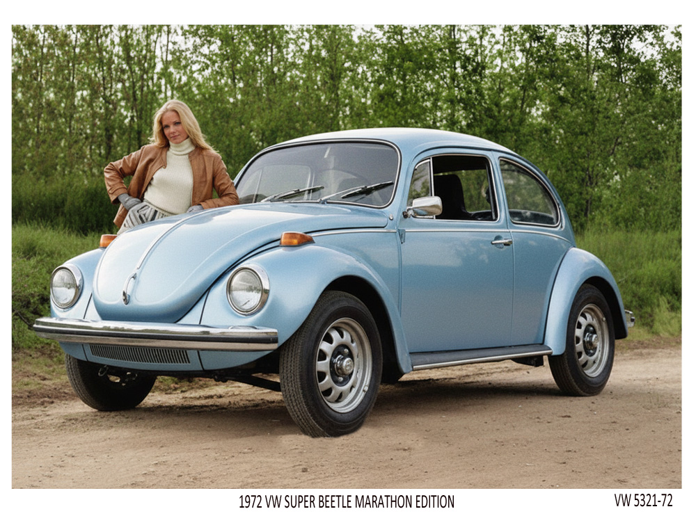 Light blue 1972 Super Beetle Marathon Edition parked outdoors with owner beside it.