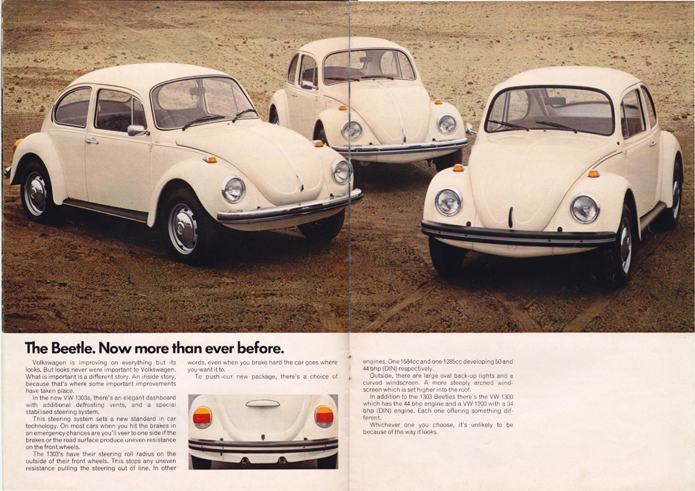 Three white Beetles displayed in different angles promoting the 1303S improvements.