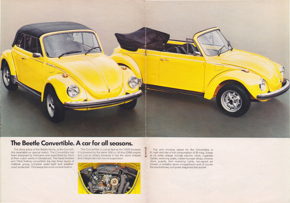 Vintage ad showing two yellow Beetle Convertibles, one top-up and one top-down.