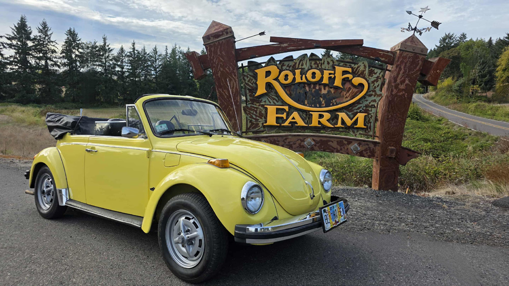 Yellow Volkswagen Super Beetle convertible with top down parked beside a rustic farm sign in Oregon
