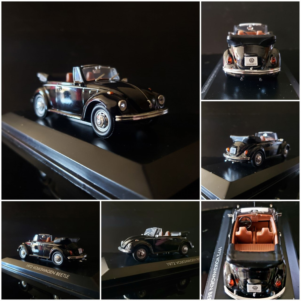 Black 1972 VW Super Beetle convertible model displayed from multiple angles