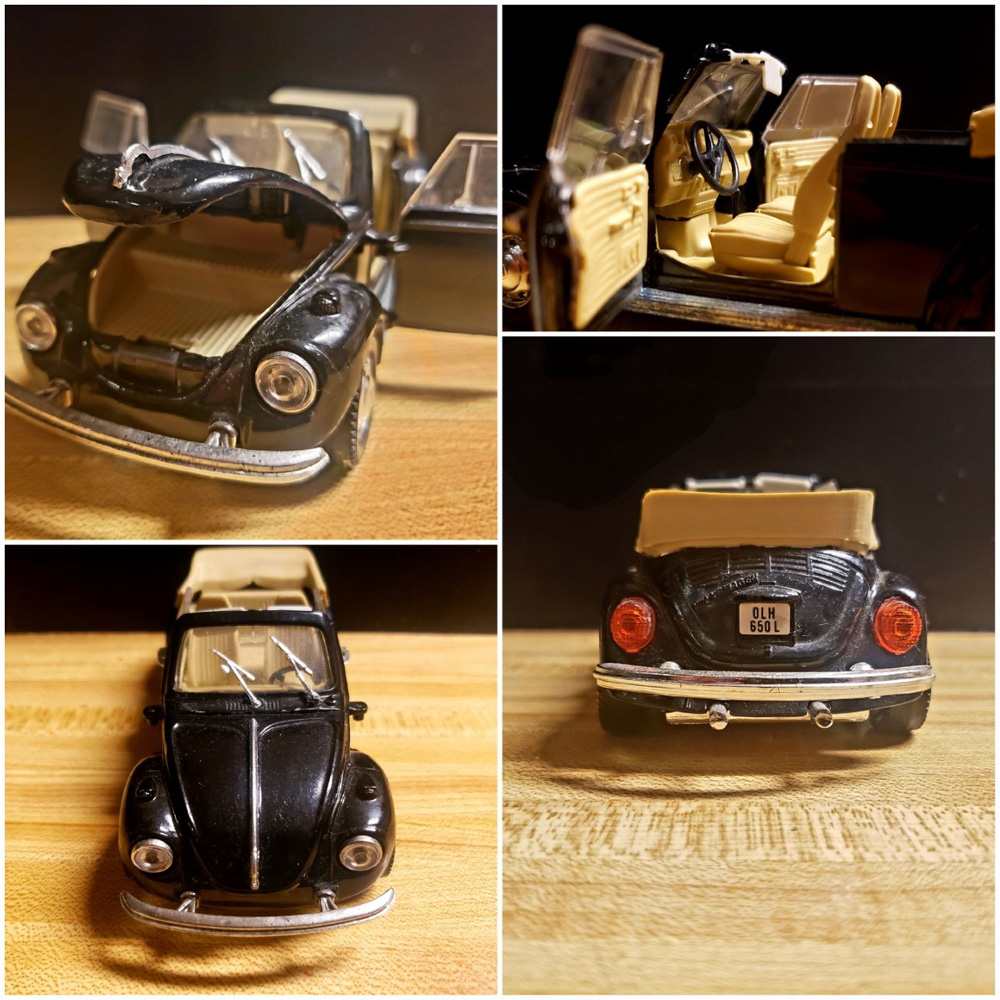 Black VW Super Beetle convertible model with beige interior shown in close-up views