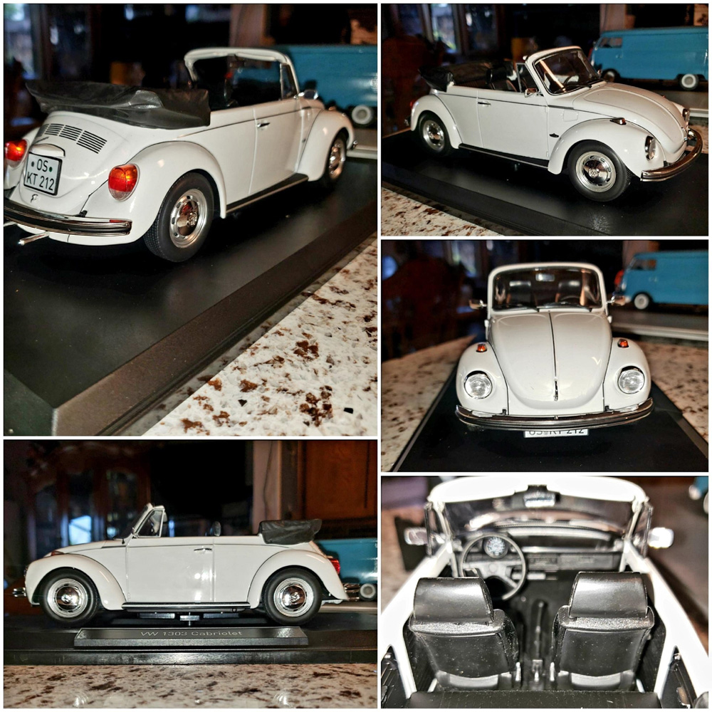 White VW Super Beetle Cabriolet model shown from multiple angles on display base