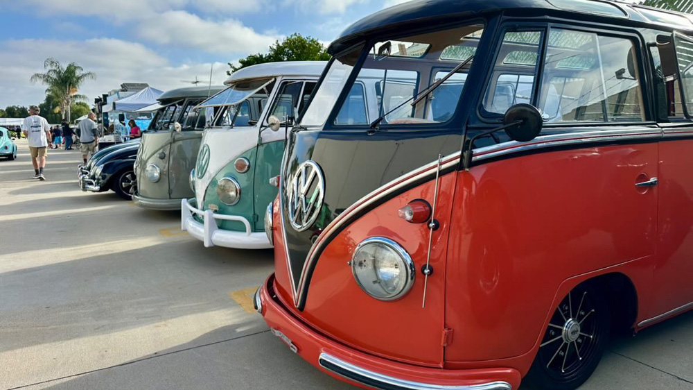 Lineup of split window Volkswagen Buses in multiple colors at the EMPI 70th Anniversary Open House